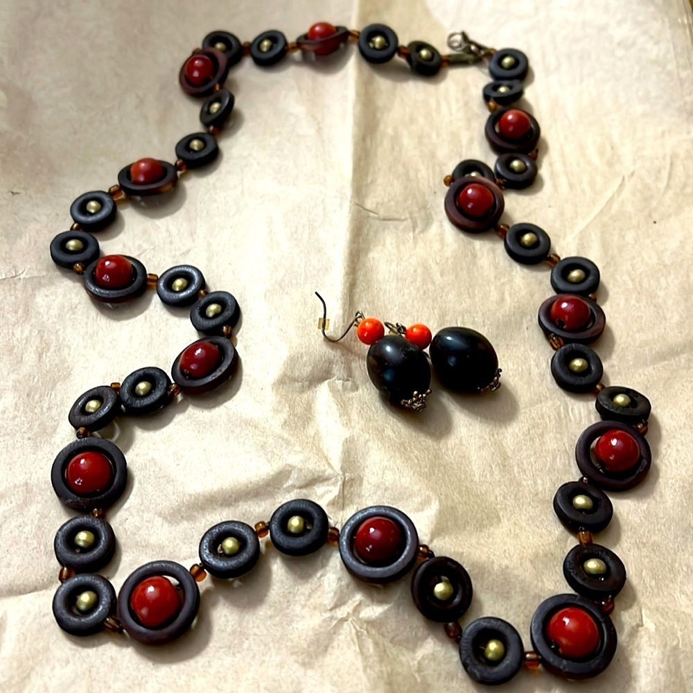 Beautiful wooden bead necklace and earring set.